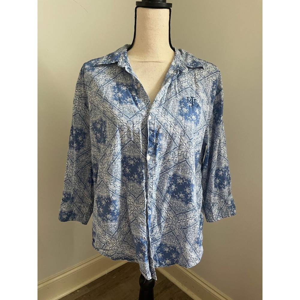 Ralph Lauren Paisley Button Down Shirt Large Blue White Office Preppy Coastal